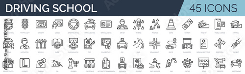 Set of 45 outline icons related to driving school. Linear icon collection. Editable stroke. Vector illustration