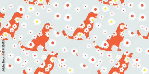 Seamless vector pattern with a dog on a floral background. seamless dog with tropical leaves. floral seamless pattern with leaves