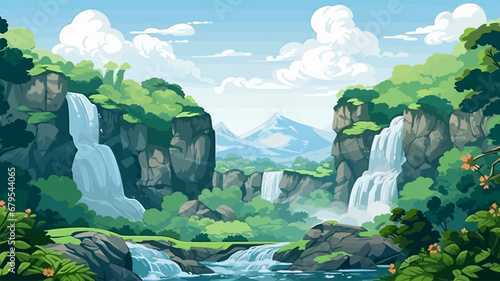 Nature landscape with waterfall in cartoon style. Vector illustration of waterfall in forest.