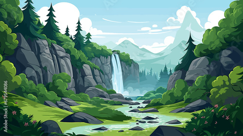 Nature landscape with waterfall in cartoon style. Vector illustration of waterfall in forest.