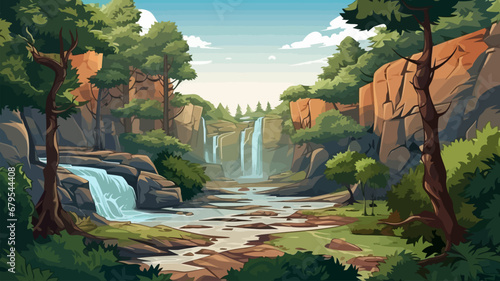 Waterfall in the mountains. Cartoon style. Vector illustration for your design