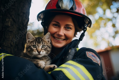 Portrait of a woman firefighter with a cat in her arms.