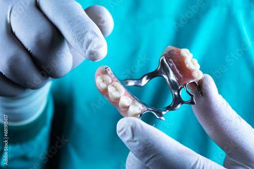 The doctor holds a cobalt chrome prosthesis. Dentist surgeon isolated on black background shows a removable dental prosthesis. Dental clinic services concept. Spotlight