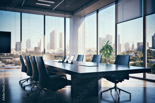 An professional office executive conference room open space with large glass windows and city skyline view.
