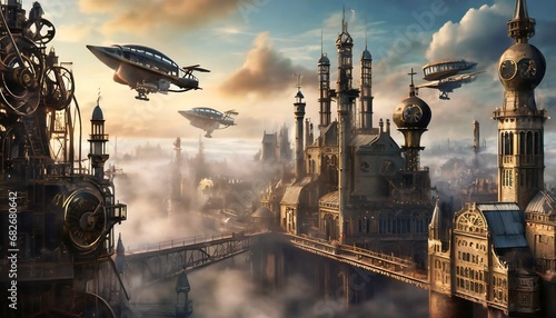 bustling cityscape with a steampunk theme. Include intricate clockwork machiner