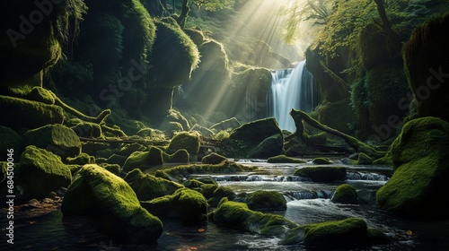 A serene waterfall in a moss-covered gorge with the sun casting a soft glow