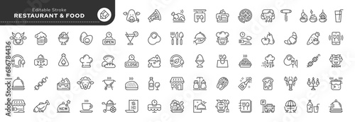Set of line icons in linear style. Set - Restaurant, food menu and chef's dishes. Web line icon. Outline pictogram and infographic. Editable stroke.