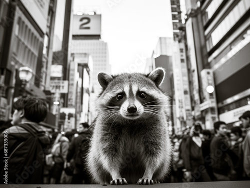 A black and white photo of a raccoon looking at the camera with a very urban background.