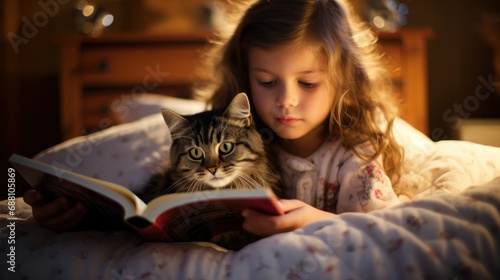 Little girl reading a book before bed with her cat