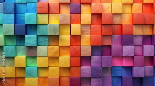 Rainbow-colored 3D wooden square cubes create a textured wall background.