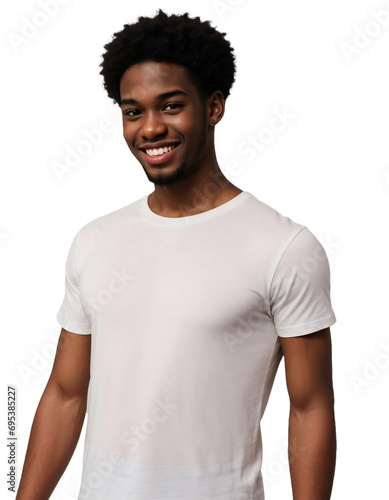 Young black man wearing a white t-shirt smiling and looking at the camera, Happiness concept, isolated, transparent background, no background. PNG.