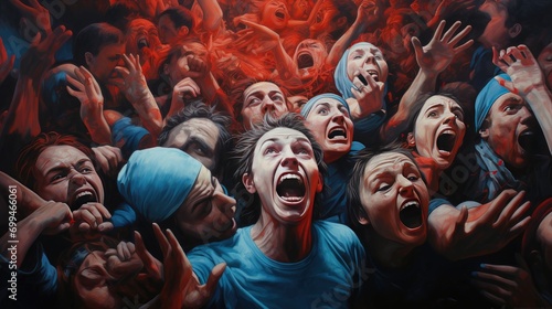 abstract representation of collective human cry. artistic illustration of screaming faces ideal for projects on social dynamics and emotional release