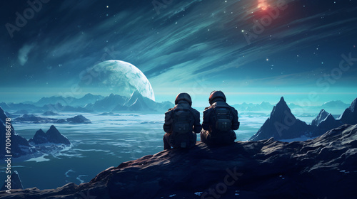 Two astronauts siting on rocks