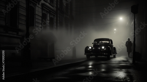 Monochrome film detective illustration with vintage cars, black and white noir detective. AI generated