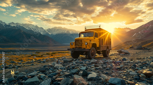 Sunflower-yellow truck on rocky Karakorum terrain at sunset.