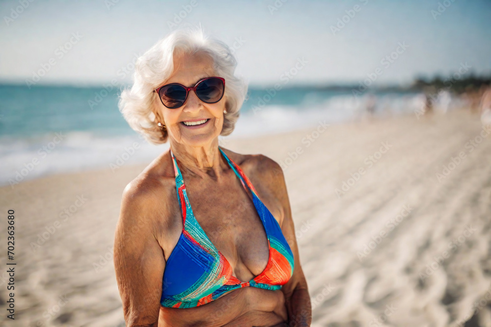 Happy Old Senior Woman In Bikini With Wrinkled Face Flabby Tanning