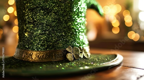  a close up of a green top hat with a shamrock on the front and a gold band around the top of the hat, with a blurry boke of lights in the background.