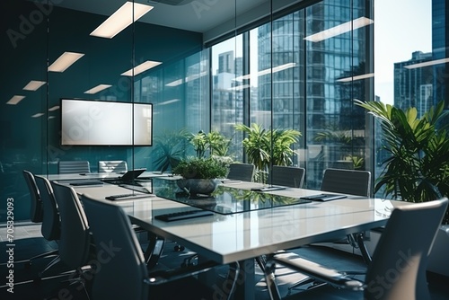 Modern office interior with a large conference table and a view of the city