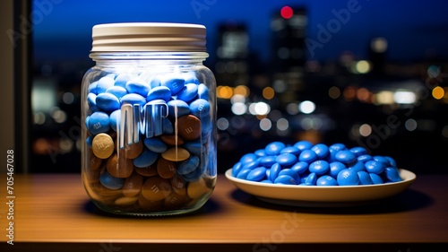 A scattering of blue M&M's on a futuristic glass surface with city lights below -Generative Ai