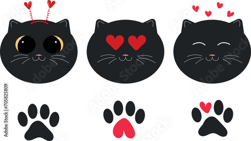 set of vector st valentines day cat faces and paws. cute cartoon funny kittens in love. cat paw prints. black cat stickers