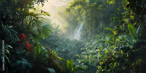 mural of an Amazon rainforest, rich biodiversity, various layers of canopy, rare birds, and vibrant flora, with a hidden waterfall in the background