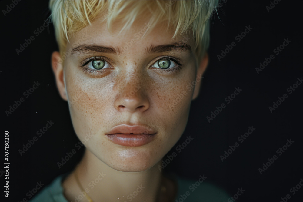 Portrait Studio Sur Fond Noir D Une Jeune Fille Blonde Avec Des T Ches De Rousseurs Aux Cheveux
