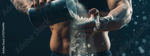 a male athlete prepares a protein shake