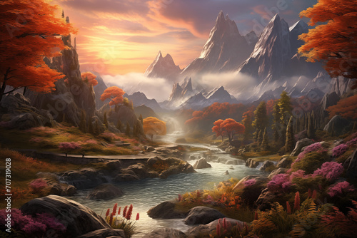 Fantasy landscape with mountains, river and forest. Digital painting.