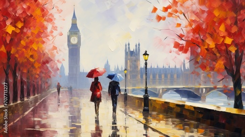 Oil painting of a london street scene with big ben, a couple under a red umbrella, a tree, a bridge, and a river