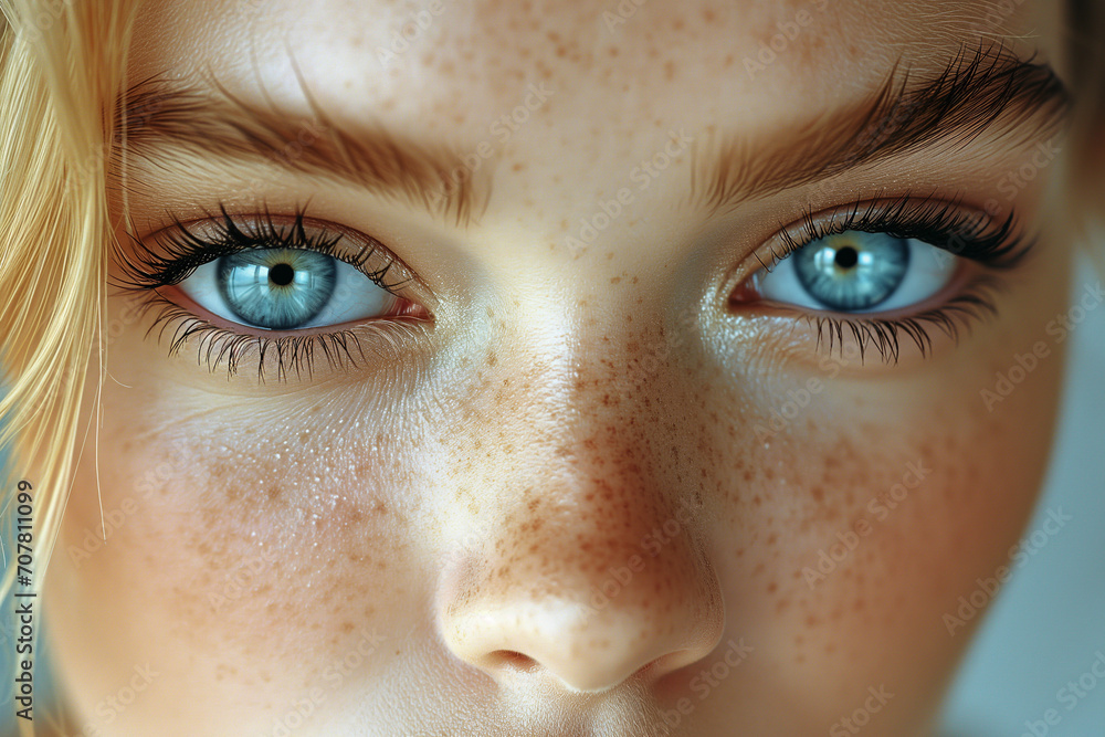 Close Up Portrait Of A Beautiful Girl With Nude Make Up With Blue Eyes Face Of Pretty Girl With
