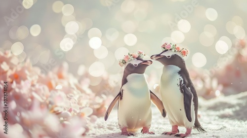 A lovely couple of Penguin with flower crown fall in love on pink background with copy space.
