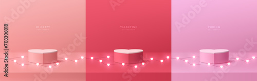 Set of 3D valentine day background with pink, red, white realistic podium pedestal. Neon light bulb heart shape on floor. Vector geometric form. Mockup product display. Minimal scene. Stage showcase.