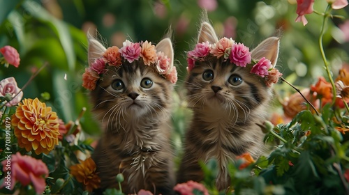Cats wearing a flower crown, cute kittens in green grass flower garden. Beautiful animal pet with pink flower wreath on head.