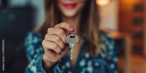 close up of a person holding a key from a new house, investment in a house concept 
