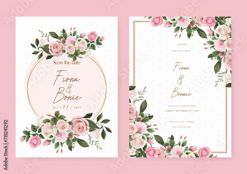 Pink rose floral wedding invitation card template set with flowers frame decoration. Wedding invitation floral watercolor card background