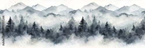 Seamless pattern with foggy mountains and pine trees in black and white colors. Hand drawn watercolor mountain landscape pattern. For print, graphic design, postcard, wallpaper, wrapping paper