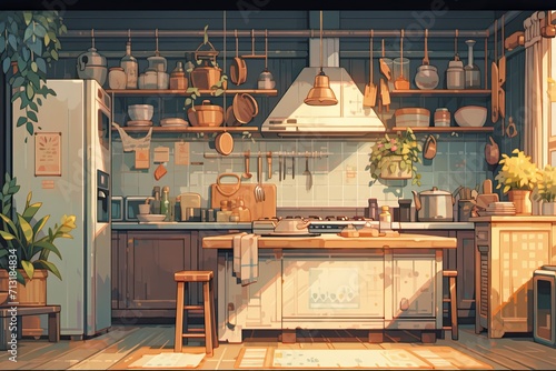 aesthetic kitchen background in pixel art style.