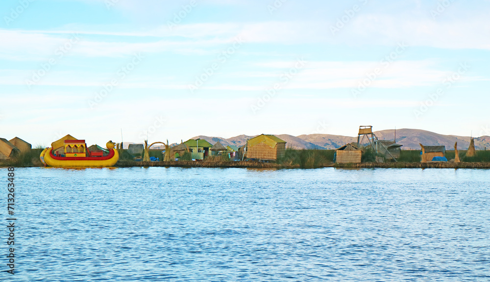 Uros Floating Islands With The Traditional Totora Reed Boats On Lake