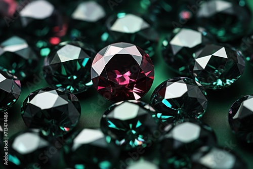  a group of green and red diamonds on a green surface with one red diamond in the middle of the picture.