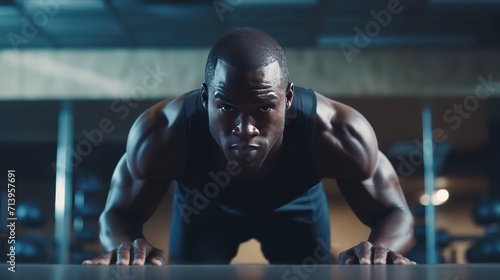 Black man, dumbbell row and training in gym, workout and strong fitness in health club. Serious sports athlete, bodybuilder and weight exercise on ground for energy, power and core strength challenge.