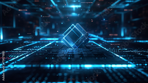 
A futuristic presentation background with a dark blue and black color scheme, featuring a 3D abstract geometric shape in the center, with a glowing neon outline