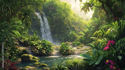  a painting of a waterfall in the middle of a jungle with lush green trees and flowers on either side of the waterfall is a pool of water surrounded by lush vegetation.
