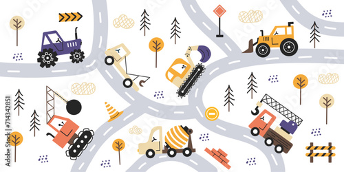 Vector set with cute cars, tractors and road equipment. Road elements, concrete mixer, excavator, crane. Set construction vehicle in Scandinavian style. Hand drawn children vector illustration.Diggers