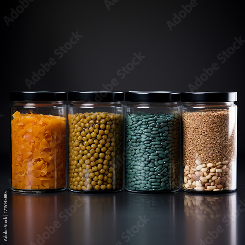 spice jars with bamboo lids, fresh vegetables on a table, in the style of wood veneer mosaics