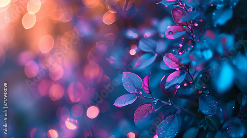Bokeh abstract leaves background. Dark violet, pink and dark blue. Highly detailed foliage. Neon color palette.