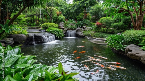  a pond filled with lots of water surrounded by lush green plants and a bunch of koi fish swimming on top of a small waterfall in the middle of the pond.