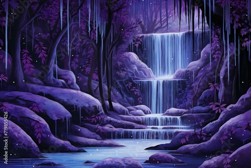 Illustration of a waterfall in the forest at night with purple background