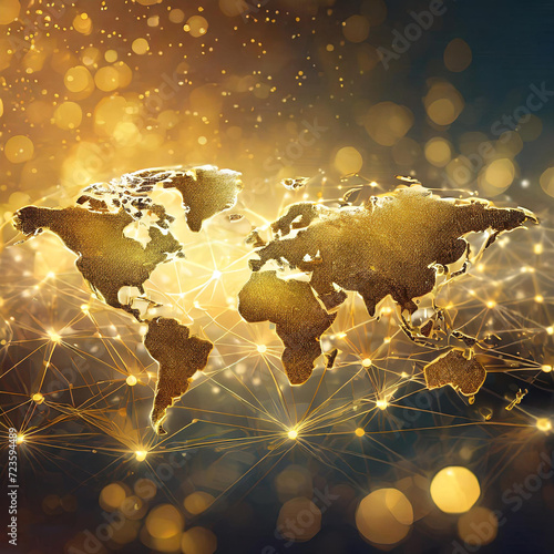 world map with gold, The ever-expanding digital realm of the global network world map on golden bokhe background.