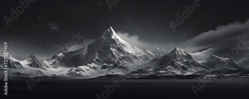 Professional monochrome photography of a snowy mountain peak in the clouds. Landscape nature shot for interior painting. Graphic black and white poster of a snow covered mountain range.