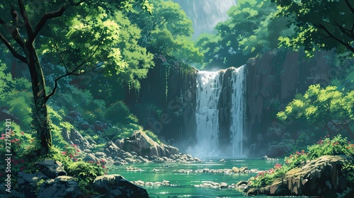Illustration, picture of a waterfall in the forest.